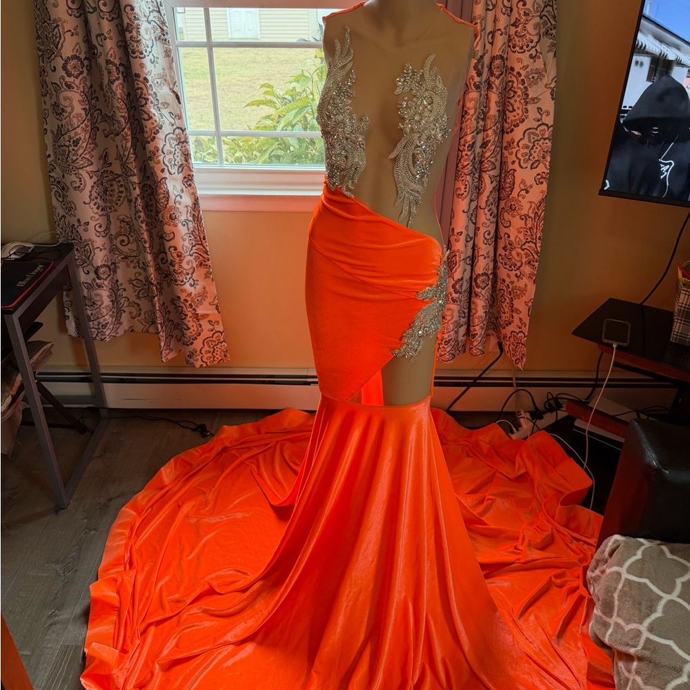 Orange Embellished Mermaid Prom Gown